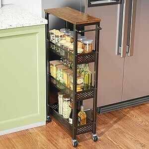 Roll over image to zoom in      4+  4 VIDEOS Slim Storage Cart 4 Tier Narrow Kitchen Rolling Cart on Wheels for Small Space