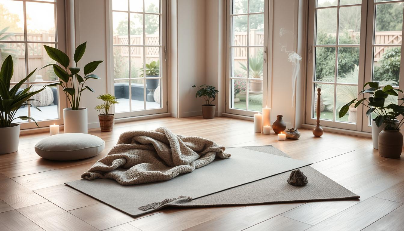 create cozy atmosphare for yoga and meditation with comfortable mat and clothes